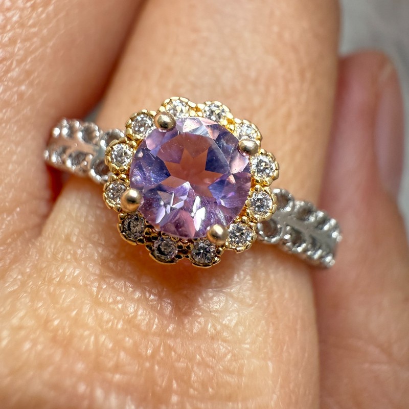 925 Sterling Silver Ring 5mm Natural Purple Amethyst Gemstone Zircon Flower Cute