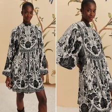 NWT Farm Rio Off-White Flower Mini Dress size XS Black Balloon Sleeve A Line 