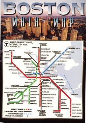 Postcard Boston MBTA Map Transit Lines Commuter Rail Subway Lines Boats c 1995