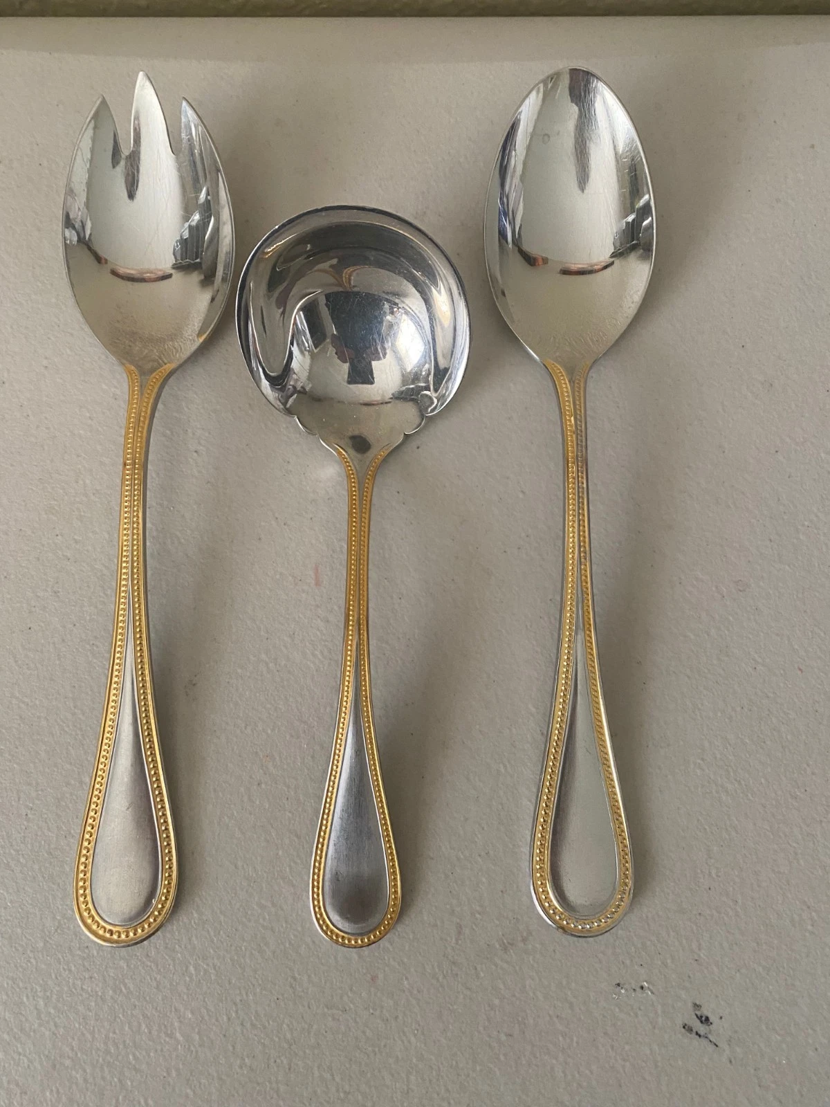 Towle 18/8 Stainless Steel 3 Pce Flatware Set Beaded Handle Silver/Gold Germany