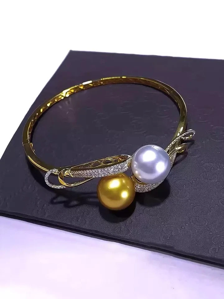 Gorgeous AAAAA Huge 10-11mm Round South Sea Golden White pearl bracelet 925S - Image 2 of 3