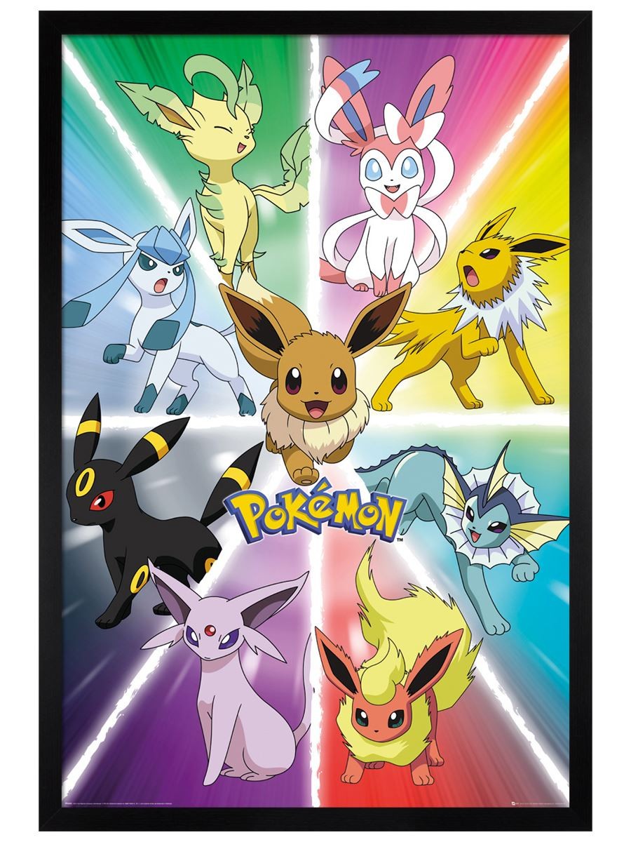 Black Wooden Framed Pokemon Eevee Evolution Maxi Poster