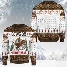 Cowboy Riding Dinosaur Funny Ugly Christmas Sweater Western Unisex S  5XL
