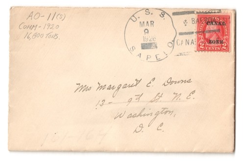 USS SAPELO (AO-11) Replenishment Oiler 1926 BALBOA CANAL ZONE Naval Cover