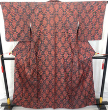 Japanese Vintage Kimono Silk Red Oshima Tumugi Traditional Authentic Length 62in