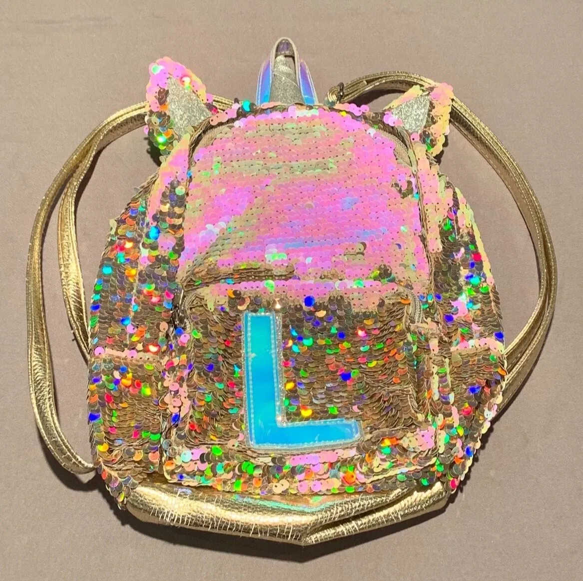 Justice pastel unicorn flip sequin initial backpack top