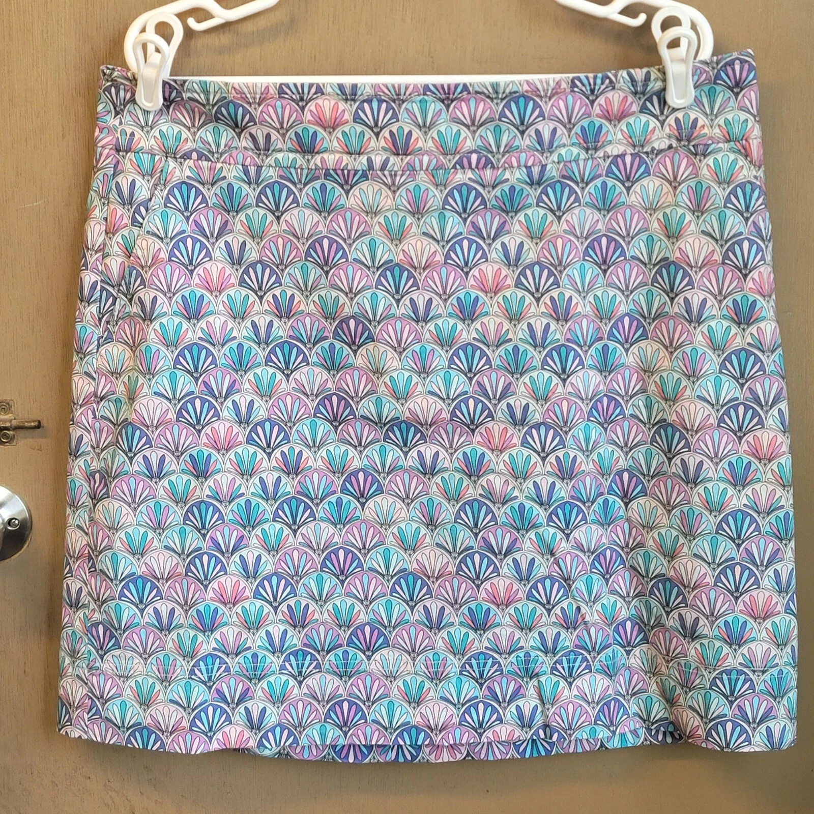 Talbots Stretch Skirt 16 Geometric Groovy Purple Print back Zip Pockets