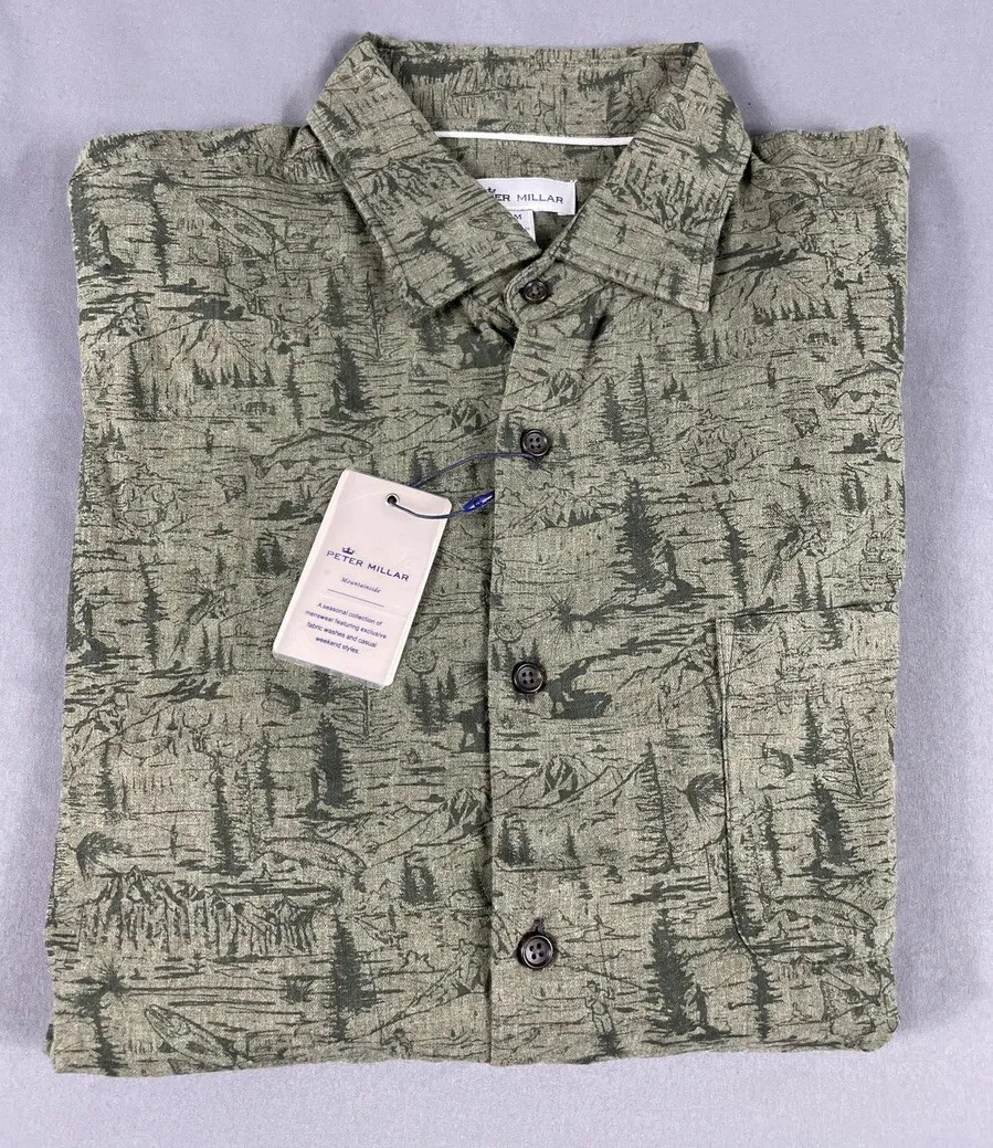 Peter Millar Sport Shirt Crown MS ROCK CREEK PRINT LS Medium Green OLEAF $148