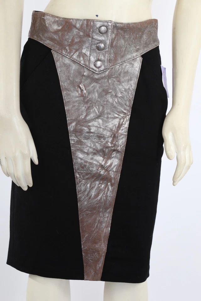 Falda CATHERINE MALANDRINO Negro Marrón Cuero Contrastado Lápiz Sobre Rodilla Talla 6 Foto 2 de 4