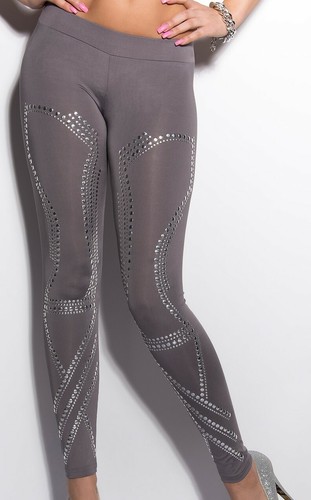 LEGGINGS GRIGIO donna pantalone pantacollant fuseaux borchie vita bassa  AZ79 | eBay