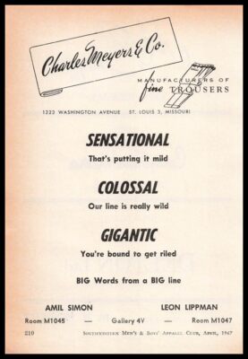 1967 Charles Meyers & Company Fine Trousers St. Louis Missouri Vintage Print Ad