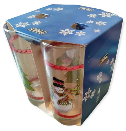 SET of 4 Vintage Libbey Winter Christmas Trees Snowman Tumbler Glass 15oz 817CD