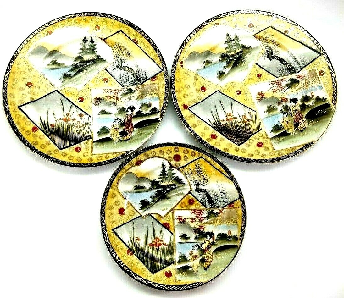 3 Plates Antique Kutani Meiji Japanese Gold Gilt Geisha Landscape