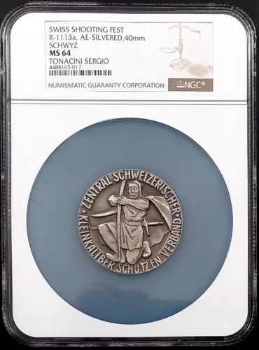Swiss Shooting Fest Medal, R-1113a, AE-Silvered, 40 mm, Schwyz, NGC MS 64!