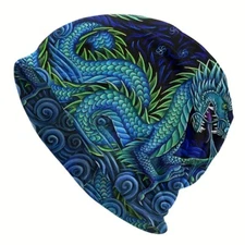 Chinese Azure Dragon Blue Beanie Hat Cap Skully -One Size Mythical Vibrant Color