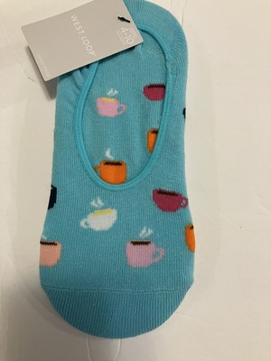 West Loop Women No Show Socks Blue Coffee Print Fits Shoe  Size 4 - 10 NWT