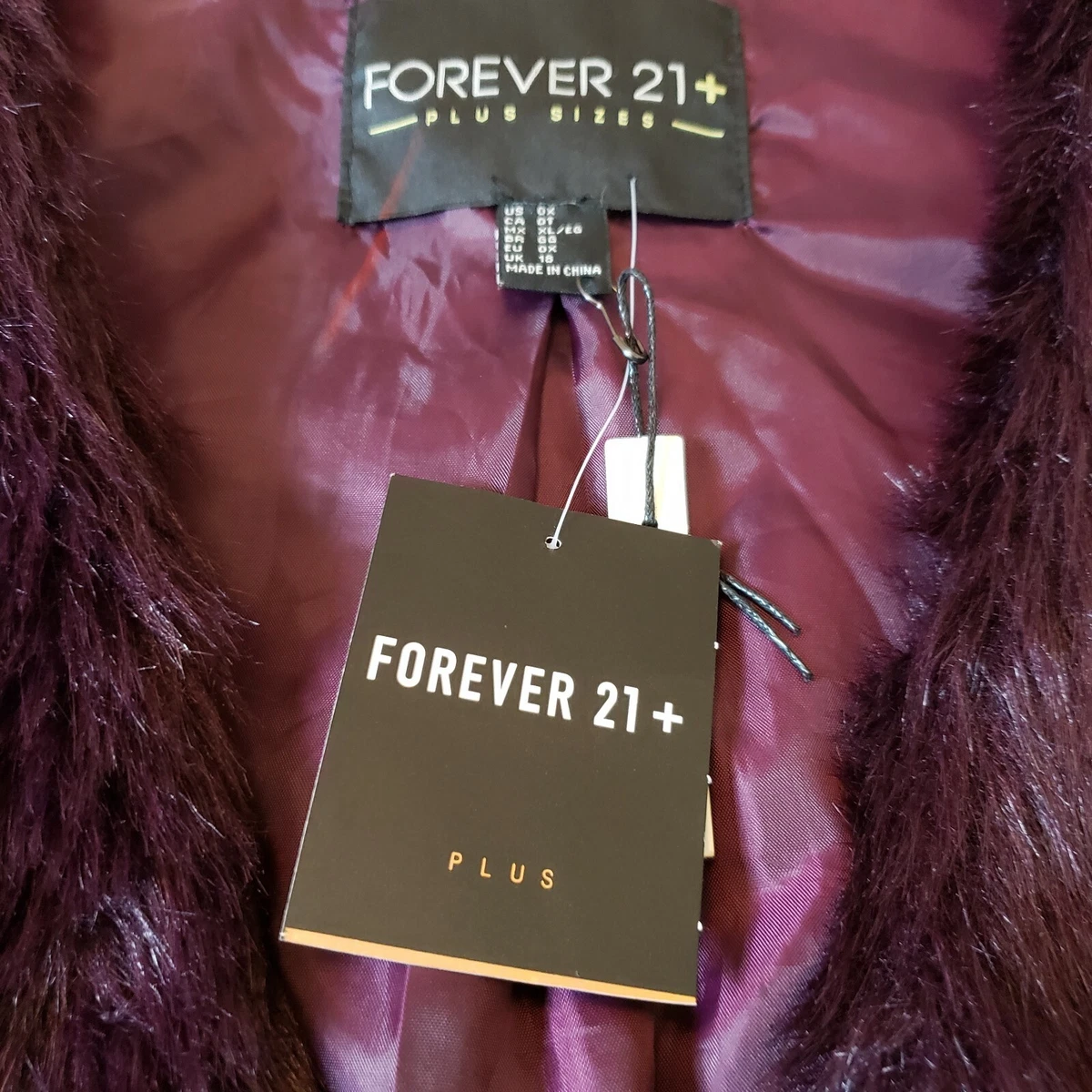 Forever 21 Plus Faux Fur Vest Plum Size 0X Satin Lined Belted