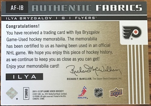 2011-12 SP Game Used Authentic Fabrics Ilya Bryzgalov AF-IB Philadelphia Flyers - Picture 2 of 2