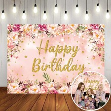 Floral Happy Birthday Backdrop Spring Pink Rose Flower 7x5ft Photography