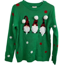 Poof NY Christmas Gnome Sweater Women's Sm Green Pom Pom Knit Holiday Ugly Cute