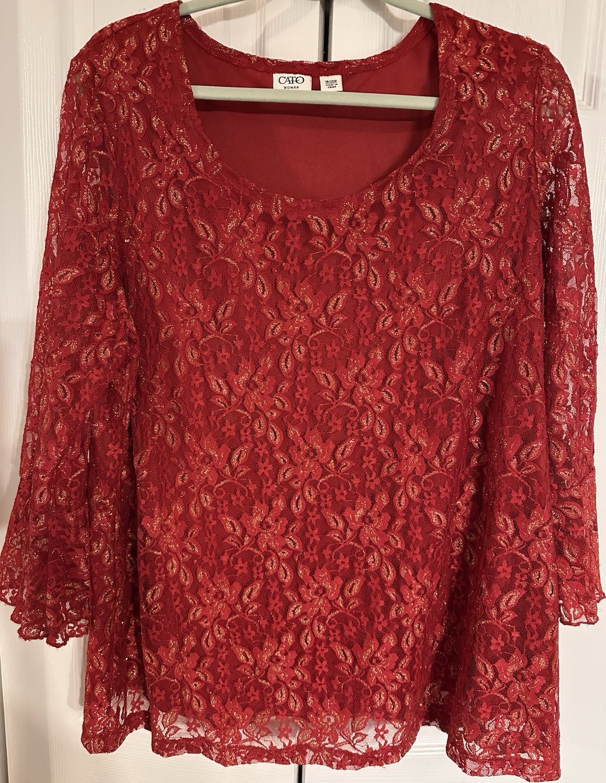 Cato Woman Red Floral Lace Glitter Scoop Neck 3/4 Sleeve Pullover Blouse 18/20W