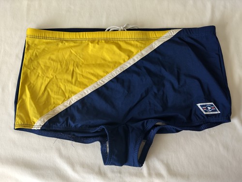 1980s Jantzen Men's Square Leg Swimsuit Blue Yellow USA Size Large