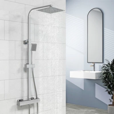 AICA Bathroom Thermostatic Exposed Shower Mixer Twin head Large Square Bar Set Chrome
