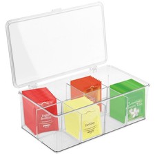 Clear Tea Bag Organizer with Lid, Stackable Storage Bin with Dividers