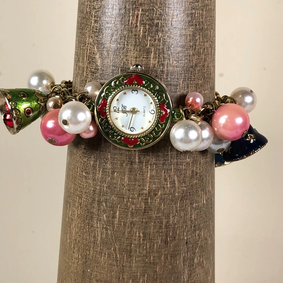 JB Women Dress Faux Pearl Bell Charm Gold Bracelet Christmas 25mm Watch 6" - Image 2 of 4