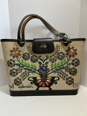 Vintage 1960 s Enid Collins of Texas Pinup Purse Bag Floral Splendor Wood Bottom