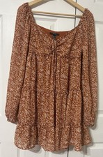 Forever 21 Ditsy Floral Baby Doll Mini Dress Rust Brown Long Sleeve Tiered Sz M