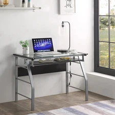 Metal and Glass Top Home Office Computer Desk/Table, Silver Finish