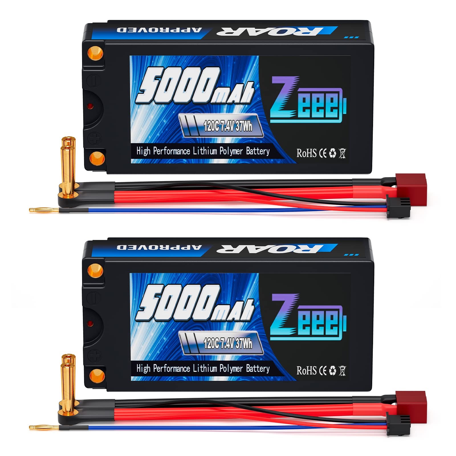 Batterie 2S Lipo 5000mAh 7.4V 120C avec connecteur Bullet 5mm vers Deans pour modelisme RC