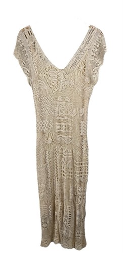 Vintage 90’s Spiegel 100% Silk Beige Crochet Lined Maxi Dress Sz Sm Cottage Core