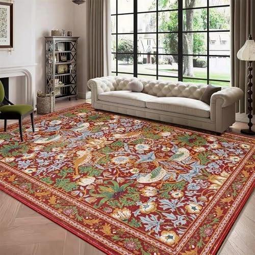 Strawberry Thief Area Rug Rust Red, Ultra Thin 5x7 Washable Rug