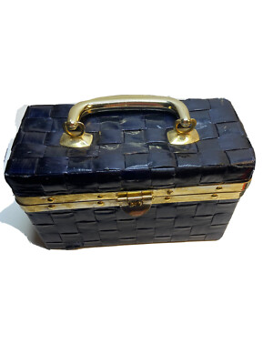 Vintage Italy Box Bag Midnight Blue Plastic Wicker Woven Handbag As Is