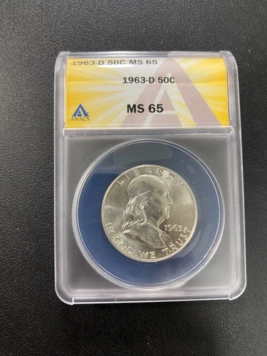 1963 D FRANKLIN HALF DOLLAR ANACS MS-65 - UNCIRCULATED - CERTIFIED SLAB - 50C