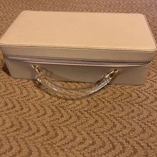 Estee Lauder Tan Beige Travel Make Up Hard Case Clear Lucite Handle Vintage EUC