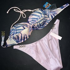NWT Victoria's Secret bandeau 36C BIKINI M,L,XL bottom PINK BLUE Palm Gold Chain