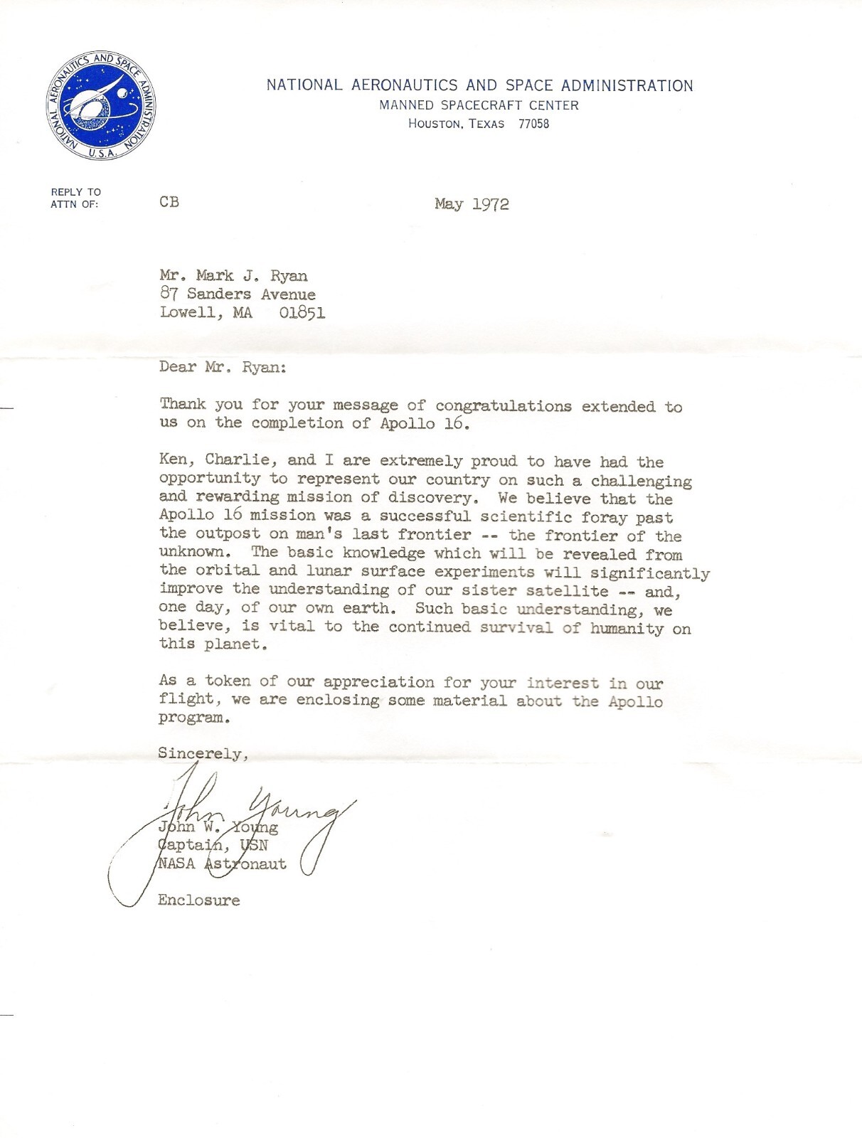 JOHN W. YOUNG-APOLLO 16-PRINTED THANK YOU+2 FDCs+2 NASA POST STAMP ...