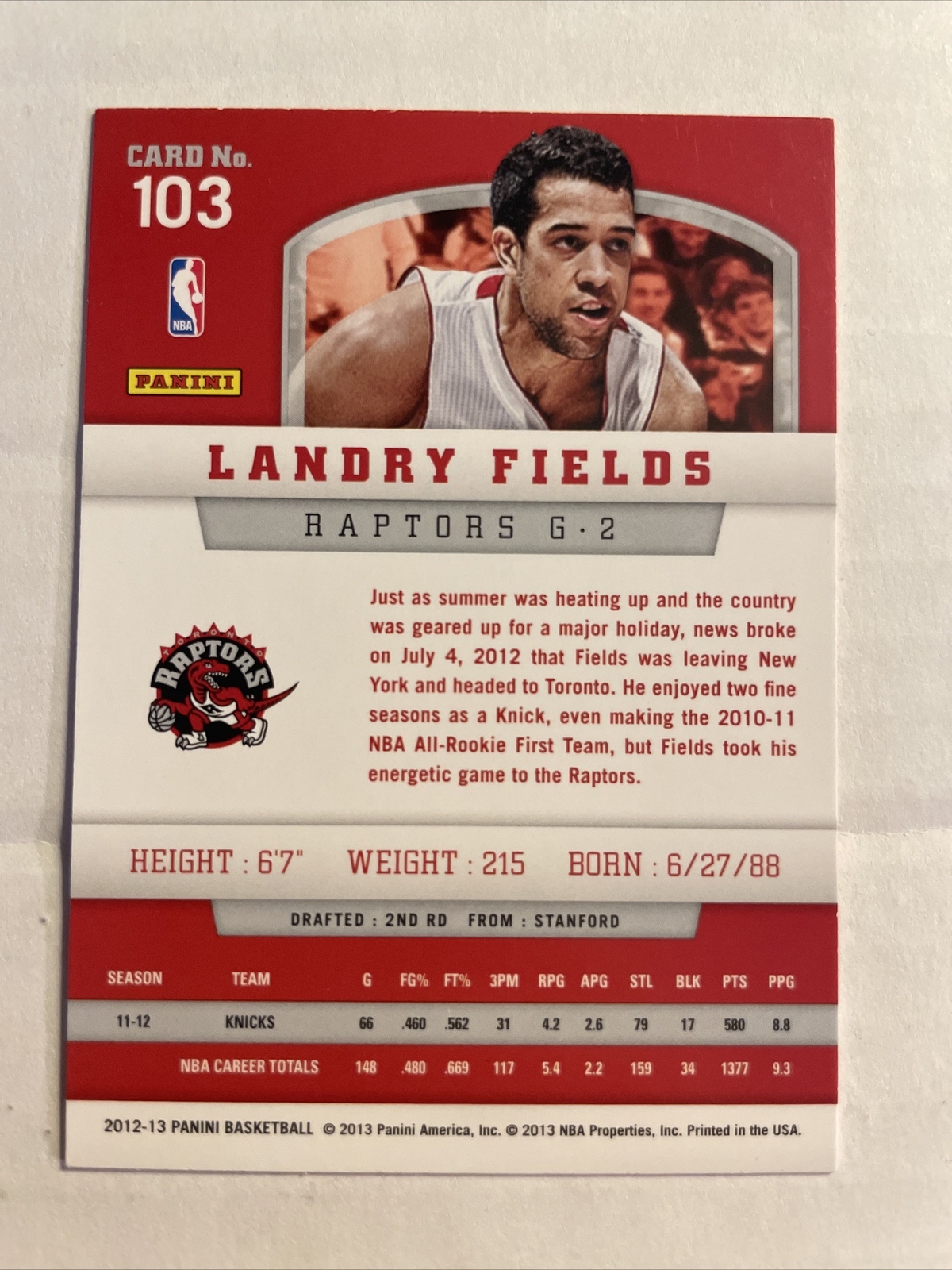 201213 Panini Landry Fields Autographed Card 103 Toronto Raptors