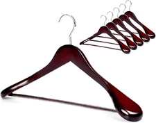 Set of 6 Luxury Mahogany Wooden Coat Hangers, Premium Wood Suit Hangers, Glossy