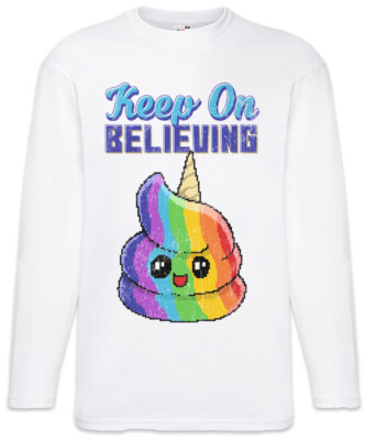 Keep On Believing Langarm T-Shirt Fun Geek Nerd Unicorn Poop Rainbow Pixel