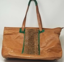 Marco Buggiani Italy Light Brown Leather And Emerald Suede -  Large Tote Bag