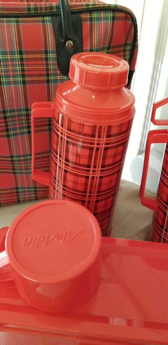 Vintage Aladdin Thermos Bottle And Bag Set, Plaid