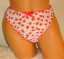 Strawberry Print White Mesh Thong Panties Lingerie, Large Adult Gift