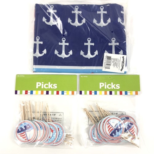 Ahoy Sailor Anchor Nautical Party Set 50 Cupcake Toppers 1 Plastic Tablecloth - Picture 2 of 4