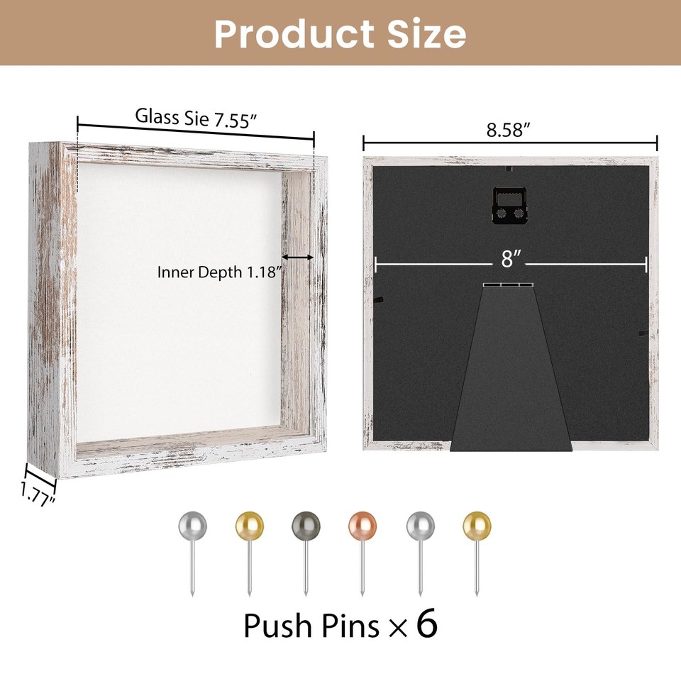 8x8 Shadow Box Frame with Soft Linen Back - Metal Push Pins Included ...