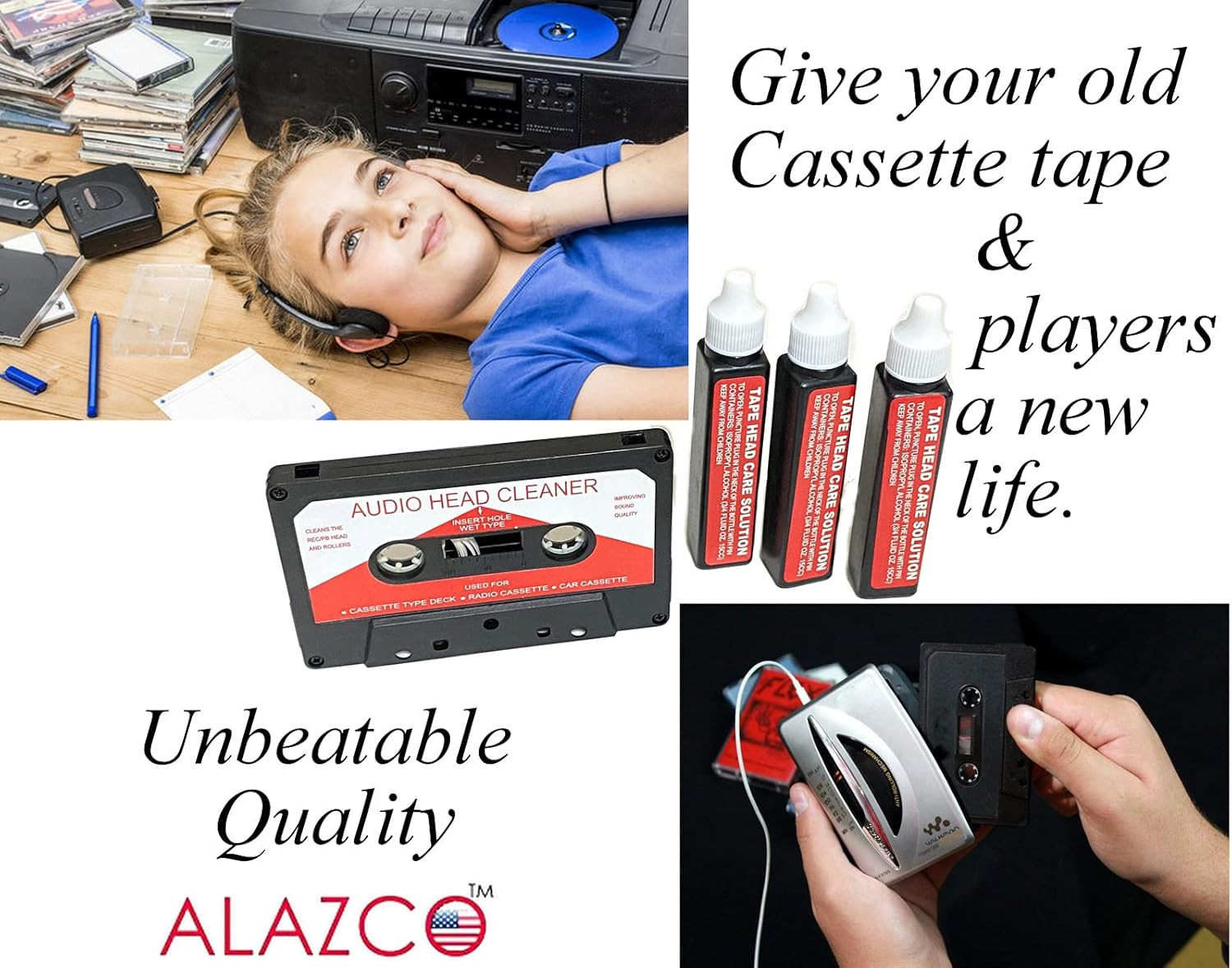 Audio Tape Cassette Head Cleaner W/ 3 Cleaning Fluids Care Wet Mainten