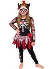 Girls Day of the Dead Skeleton Costume M 8-10 Sugar Skull Halloween Red Black